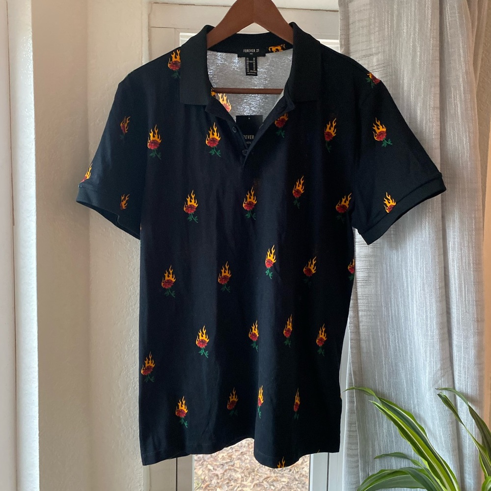 Mens Forever 21 Rose Black Polo Shirt NWT
